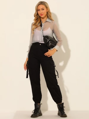 Allegra K Women's Button Front Tie Hem Point Collar Mesh Sheer Long Sleeve Shirt 2 Allegra K Women's Button Front Tie Hem Point Collar Mesh Sheer Long Sleeve Shirt - Image 2