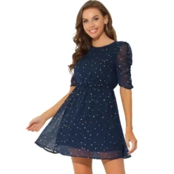 Allegra K Women's Gilding Metallic Stars Ruched Short Sleeve A-Line Mini Dress -Allegra K GUEST 8857f032 d91f 4553 8214 5d3186d2b046