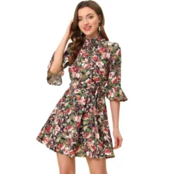 Allegra K Women's Floral 3/4 Bell Sleeve Smocked Belted Flare Ruffle Dress -Allegra K GUEST 888c1a2b 515d 4a37 a9a9 ef3c30eaed7e