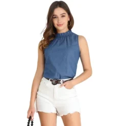 Allegra K Women's Sleeveless Frill Mock Neck Ruffle Chambray Blouse 16 Allegra K Women's Sleeveless Frill Mock Neck Ruffle Chambray Blouse -Allegra K GUEST 8936bf8f 79f4 4c60 92a5 901b9fba9b47