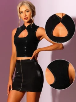 Allegra K Women's Slim Fitted Sequins Sleeveless Cut Out Front Crop Tank Top