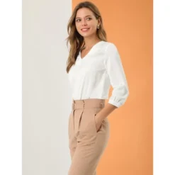 Allegra K Women's V Neck 3/4 Sleeve Casual Office Work Satin Blouses