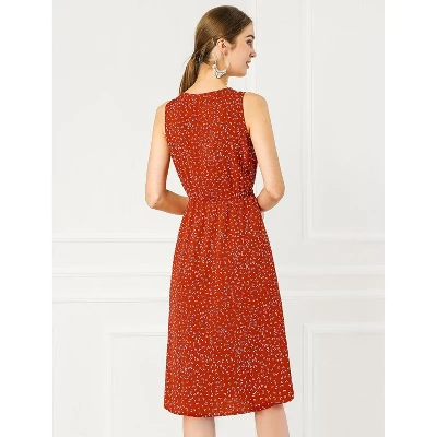 Allegra K Women's Floral Printed Split Neck Drawstring Waist Sleeveless A-Line Midi Dress 4 Allegra K Women's Floral Printed Split Neck Drawstring Waist Sleeveless A-Line Midi Dress - Image 4