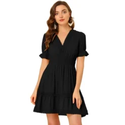 Allegra K Women's V Neck Smocked Elastic Waist Short Sleeve Boho Crochet Trim Mini Dress -Allegra K GUEST 897fd6b8 3d76 4aaa a064 3f011342362a