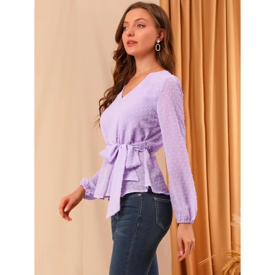 Allegra K Women's Swiss Dots Blouse V Neck Long Sleeve Tie Waist Peplum Shirt 3 Allegra K Women's Swiss Dots Blouse V Neck Long Sleeve Tie Waist Peplum Shirt - Image 3