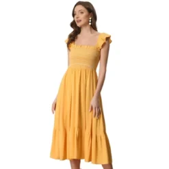 Allegra K Women's Square Neck Ruffle Trim Flowy Smocked Midi Dress -Allegra K GUEST 89dd12b0 356d 4545 8638 754c9a6bf6de