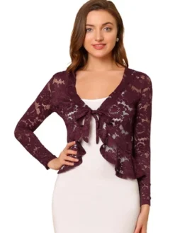 Allegra K Women's Tie Front Crop Cardigan Ruffled Hem Floral Lace Sheer Shrug Top -Allegra K GUEST 89eb27cc db39 403e 89f6 a4ccc2502129