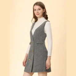 Allegra K Women's Elegant Vintage Button Front V Neck Plaid Tweed Overalls Pinafore Skirts -Allegra K GUEST 89f2002d bc09 46a3 b55e ed2abd4ff9a7
