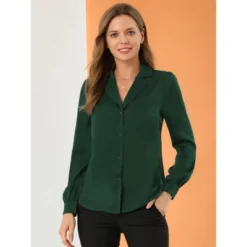Allegra K Women's Elegant Collar V Neck Long Sleeve Work Office Satin Button Down Shirt