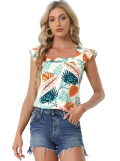 Allegra K Women's Tropical Floral Printed Square Neck Ruffle Sleeve Tank Top -Allegra K GUEST 8b15c398 9806 4ce9 92c8 e1291ed2f742