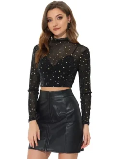 Allegra K Women's Mesh Crop Stars Mock Neck Party See Through Blouse -Allegra K GUEST 8b856de7 de01 4ed6 aa63 dfbc7a8026ac