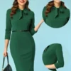 Allegra K Women's Front Tie Neck 3/4 Sleeve Work Bodycon Dress