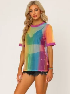 Allegra K Women's Rainbow Mesh Short Sleeve Cover Up Sheer T-Shirt