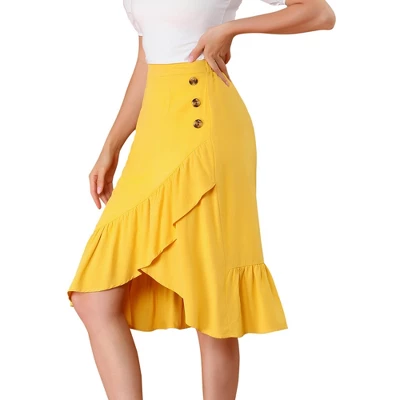 Allegra K Women's Button Decor High Waist Solid Color Asymmetrical Ruffle Skirt 6 Allegra K Women's Button Decor High Waist Solid Color Asymmetrical Ruffle Skirt - Image 6