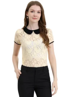 Allegra K Women's Contrast Peter Pan Collar Blouse Short Sleeve Sheer Lace Top -Allegra K GUEST 8d763f4b 6667 4773 89e6 921a3218e9e9