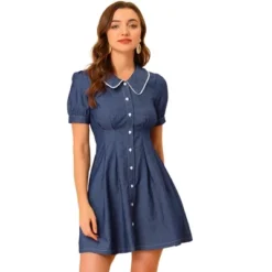 Allegra K Women's Chambray Puff Button Front Flare A-line Mini Shirt Dresses -Allegra K GUEST 8db5a007 362c 4aec afa8 c5d89e9ec67b