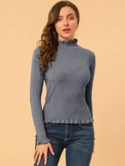 Allegra K Women's Classic-fit Lightweight Long Sleeves Ruffle Mock Neck Sweater