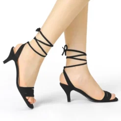 Allegra K Women's Kitten Heel Lace Up Faux Suede Heel Sandals