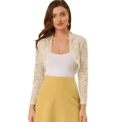 Allegra K Women's Crop Scalloped Hem Floral Lace Sheer Long Sleeve Shrugs -Allegra K GUEST 8f9795fb dea9 40d8 ab05 07462ea2faf0