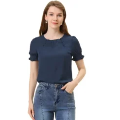 Allegra K Women's Round Neck Short Puff Sleeve Pleated Office Work Blouse -Allegra K GUEST 8fbd79fd 2e2a 4d66 9058 ceec0da2053b