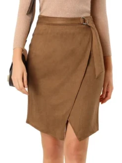 Allegra K Women's A-Line Knee Length Front Slit Wrap Faux Suede Skirt -Allegra K GUEST 8fc3cf1b b4c1 418f 8aa3 1c10d9b4bf96