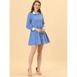 Allegra K Women's Plaid Long Sleeve Half Placket Contrast Point Collar Shirt Dress