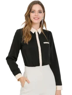 Allegra K Women's Contrast Collar Shirt Chiffon Long Sleeve Work Office Blouse -Allegra K GUEST 8fee9932 03bc 4aa1 9873 ddd8e2ffc565