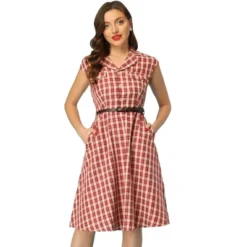 Allegra K Women's Retro Button Front Belted Cap Sleeve A-line Plaid Dress -Allegra K GUEST 915aaeba 1c13 4d4c 96af dbc576adfe58