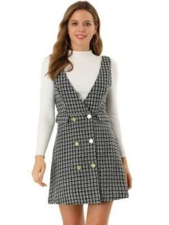 Allegra K Women's Elegant Vintage Button Front V Neck Plaid Tweed Overalls Pinafore Skirts -Allegra K GUEST 9171686f 57ee 4b56 8aae c423820a381b