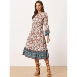 Allegra K Women's Boho Floral Long Sleeves Midi Dress