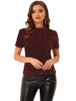 Allegra K Women's Sequin Velvet Crew Neck Short Sleeve T-shirt -Allegra K GUEST 935859cb eeb0 4507 95d6 1c56a7e5d697