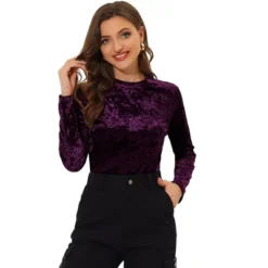 Allegra K Women's Casual Vintage Velvet Crew Neck Long Sleeve T-shirts -Allegra K GUEST 93744614 8851 4451 ac67 45c6b0786ac9