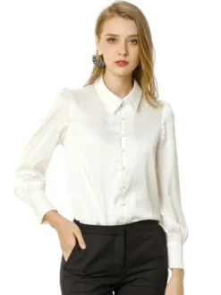 Allegra K Women's Satin Puff Sleeve Point Collar Vintage Button Up Shirt