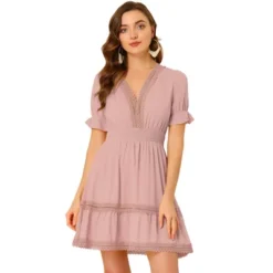 Allegra K Women's V Neck Smocked Elastic Waist Short Sleeve Boho Crochet Trim Mini Dress -Allegra K GUEST 954021d0 591e 40e7 8659 aed18ca20d55