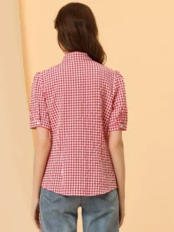 Allegra K Women's Plaid Blouse Bow Tie Neck Puff Short Sleeve Gingham Shirt -Allegra K GUEST 95688ad6 ec72 4a65 98ef b821e9f347f0