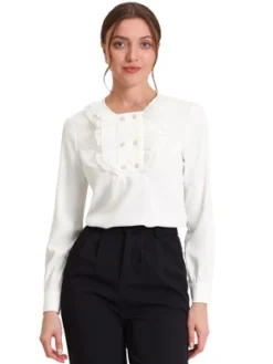 Allegra K Women's Ruffle Round Neck Top Long Sleeve Button Up Elegant Work Blouse -Allegra K GUEST 956a6c82 ac83 4fd1 95fa 3b29f8e7fb0f