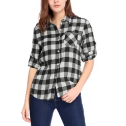 Allegra K Woman Roll Up Sleeves Buttoned Boyfriend Plaids Shirt -Allegra K GUEST 962652ec f74d 4c26 9b27 28c23ece964d