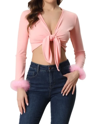 Allegra K Women's Tie Front Long Sleeve Faux Feather Cuff Open Navel Cardigan 7 Allegra K Women's Tie Front Long Sleeve Faux Feather Cuff Open Navel Cardigan - Image 7