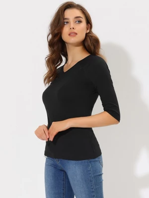 Allegra K Women's Casual Elbow Sleeves Solid Color V Neck T-Shirts 2 Allegra K Women's Casual Elbow Sleeves Solid Color V Neck T-Shirts - Image 2