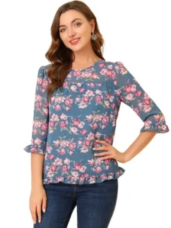 Allegra K Women's Casual Round Neck Ruffle 3/4 Sleeve Floral Print Chiffon Blouse -Allegra K GUEST 96f0035b 1839 4270 8079 5dbbc8d92577