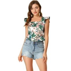 Allegra K Women's Tropical Floral Printed Square Neck Ruffle Sleeve Tank Top -Allegra K GUEST 97185ca2 8082 4db2 8aea aa233473e5c1