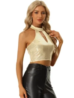 Allegra K Sequin Crop Top For Women's Halter Neck Cutout Shiny Party Top -Allegra K GUEST 9747d55b 8e2b 4604 9782 12f9ce3cb689
