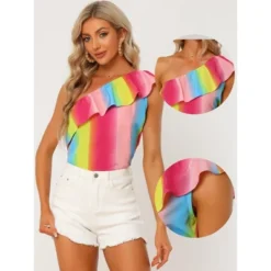 Allegra K Women's Rainbow Sleeveless Ruffle Trim One Shoulder Summer Blouse