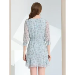 Allegra K Women's Floral 3/4 Sleeve Ruffle Hem Buttons Decor Drawstring Ruched Chiffon Dress -Allegra K GUEST 976ec3d9 f43e 481e 9d03 f4aae419b179