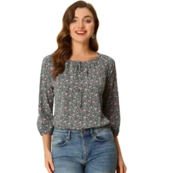 Allegra K Women's Bow Tie Round Neck 3/4 Raglan Sleeve Floral Blouse Tops -Allegra K GUEST 979c2cef 83ca 4c4a 867a ab45d31c0223