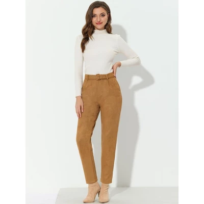 Allegra K Women's Casual Faux Suede Pants High Waist Belted Straight Legs Trousers 2 Allegra K Women's Casual Faux Suede Pants High Waist Belted Straight Legs Trousers - Image 2