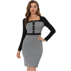 Allegra K Women's Vintage Houndstooth Square Neck Contrast Long Sleeve Midi Bodycon Dress -Allegra K GUEST 987bda67 1ba8 4bbe bbfe b8c7fb03f8ee