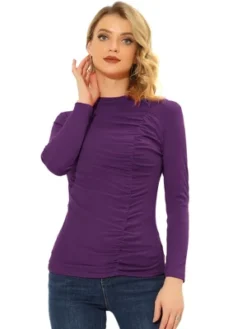 Allegra K Women's Long Sleeve High Neck Blouse Ruched Front Fitted Blouse Top -Allegra K GUEST 98d8e412 4321 40d6 9fac d87a71043db7