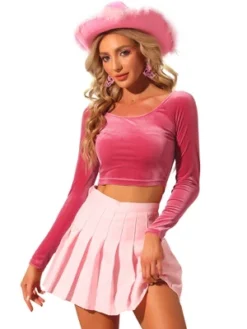 Allegra K Women's Velvet Scoop Neck Long Sleeve Solid Crop Top -Allegra K GUEST 99419e0c c044 44be 802c 5bb785bff655