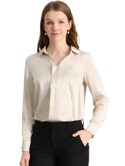 Allegra K Women's Elegant V Neck Long Sleeve Office Work Satin Blouse -Allegra K GUEST 99a70b91 9864 4c11 b68f e8cb582815e3